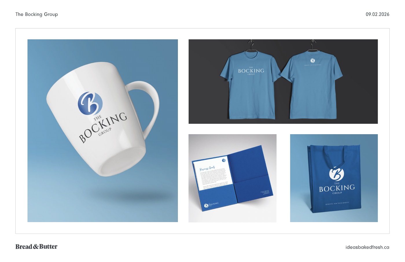 The Bocking Group mug, T-shirts, presentation folder and tote bag mockups