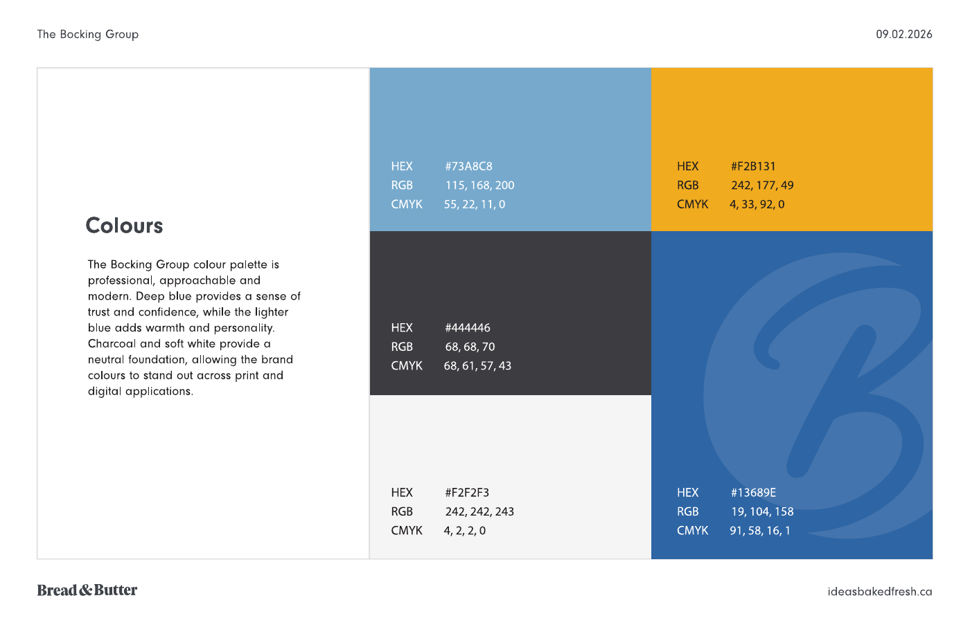 The Bocking Group blue, gold, charcoal and white colour palette