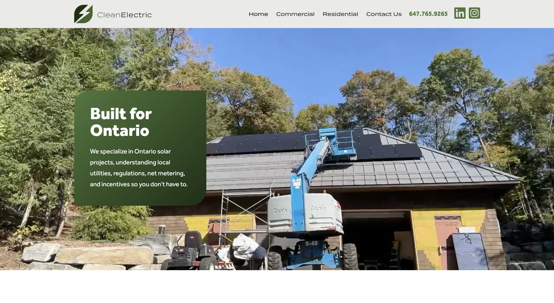 Clean Electric — Built for Ontario solar installation section on desktop