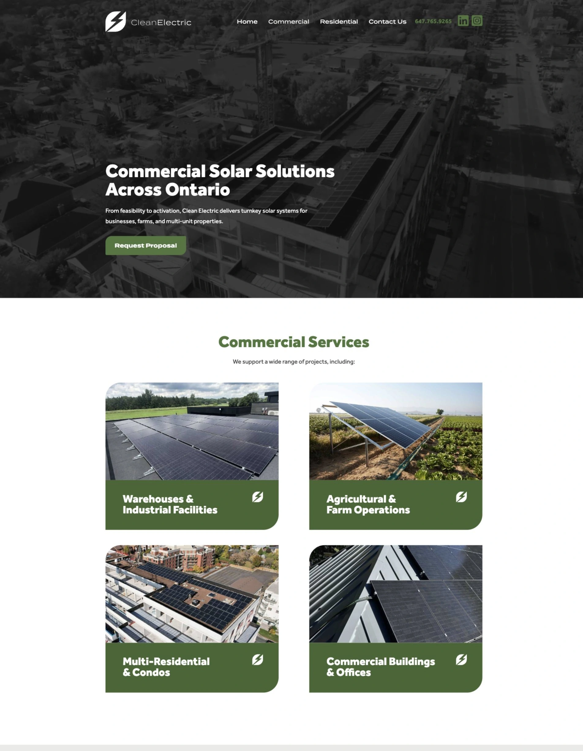 Clean Electric — Commercial solar page on desktop