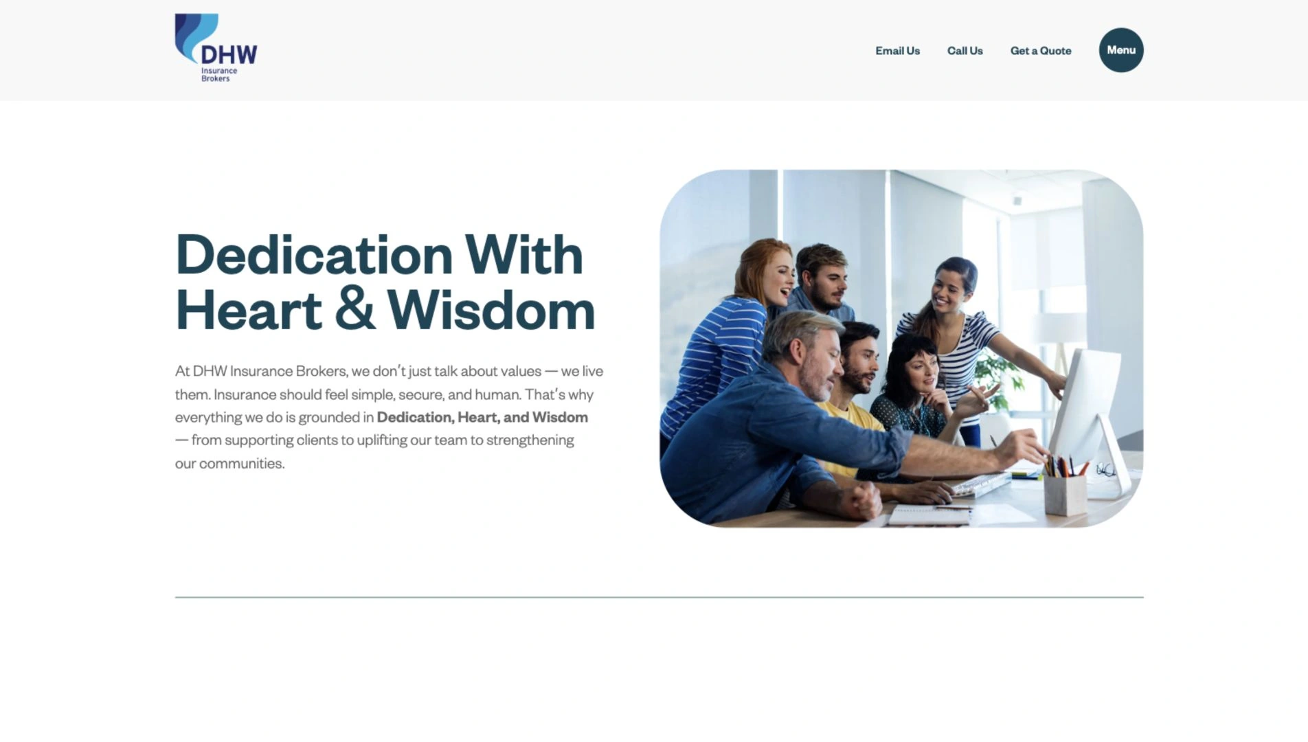 DHW Insurance Brokers — About us page on desktop