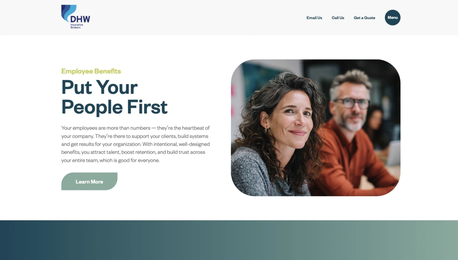 DHW Insurance Brokers — Employee benefits page on desktop