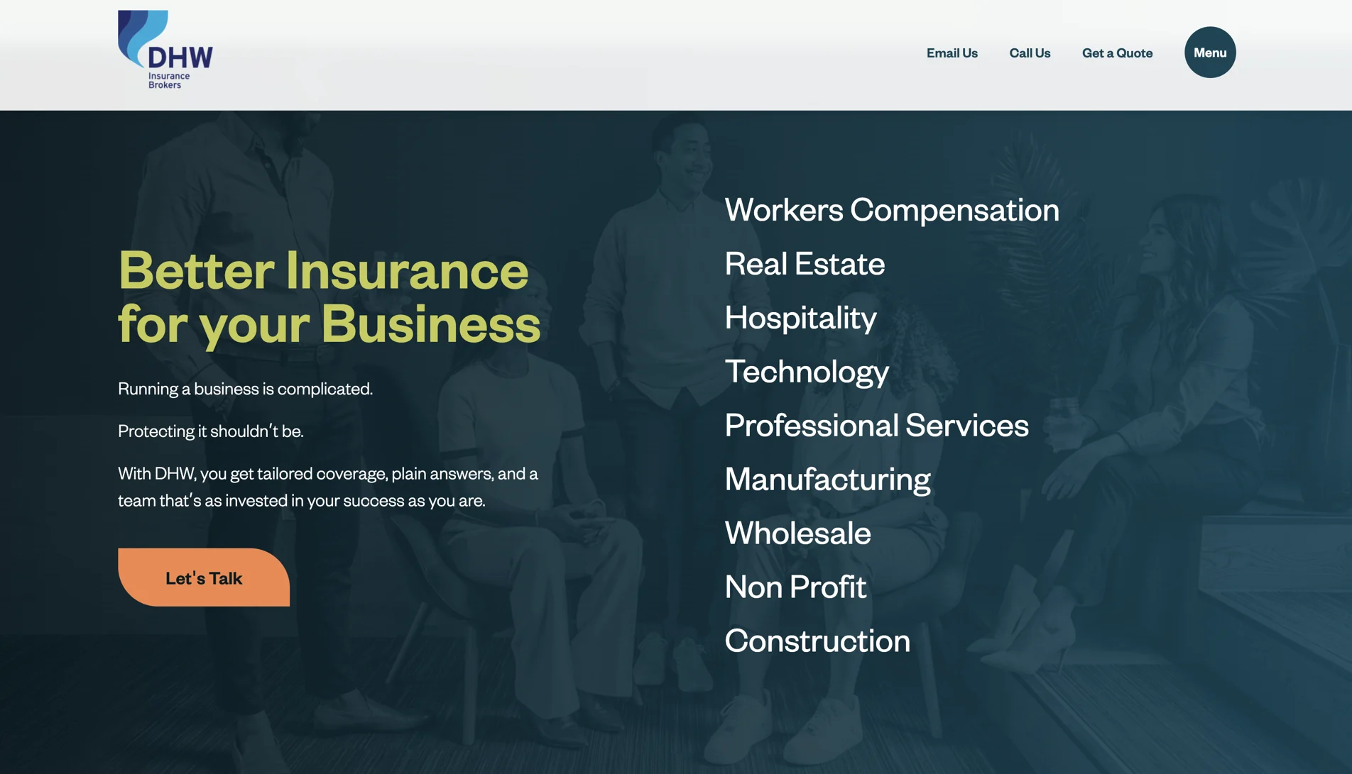 DHW business insurance section with industry coverage options