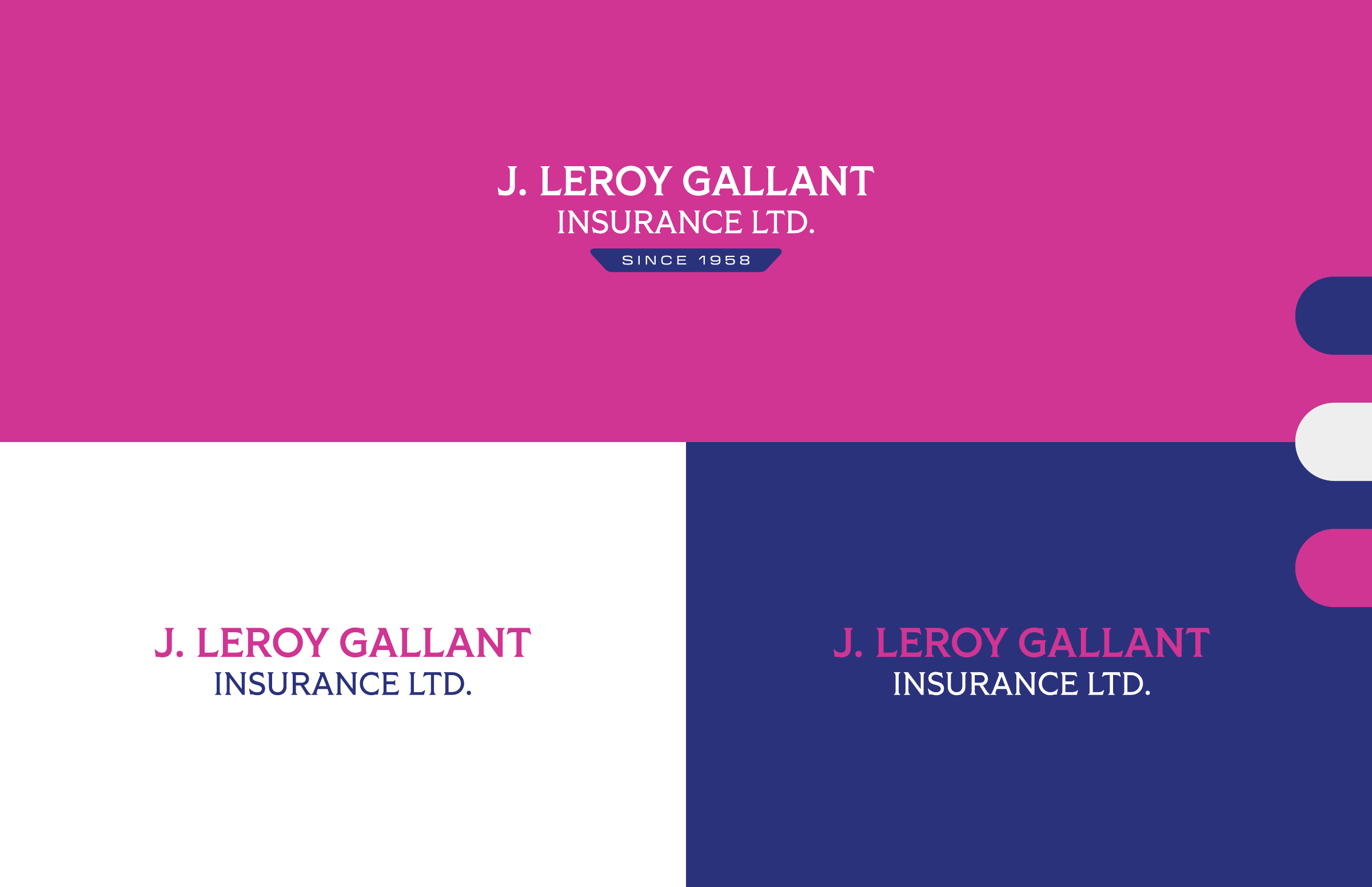 J. Leroy Gallant Insurance logos in magenta, blue and white