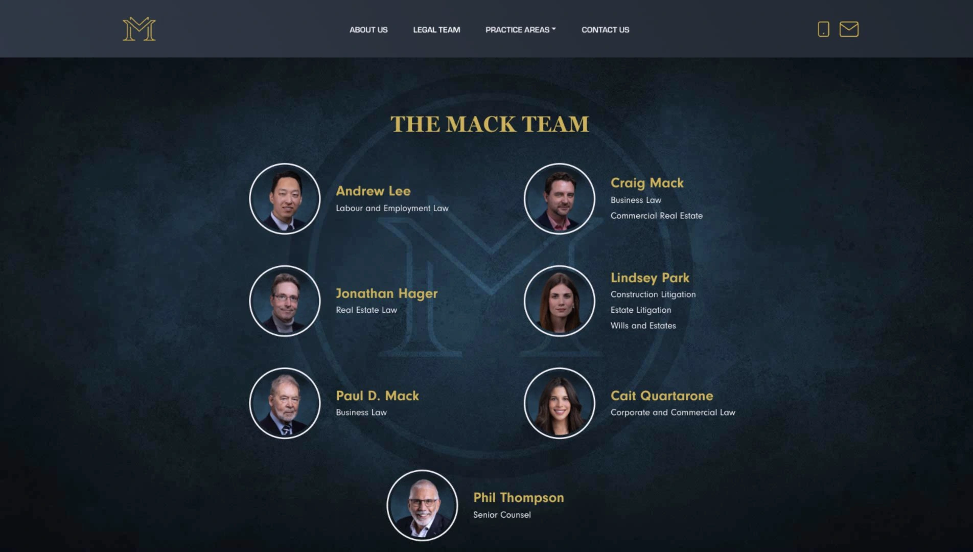 Mack Lawyers — Legal team page on desktop