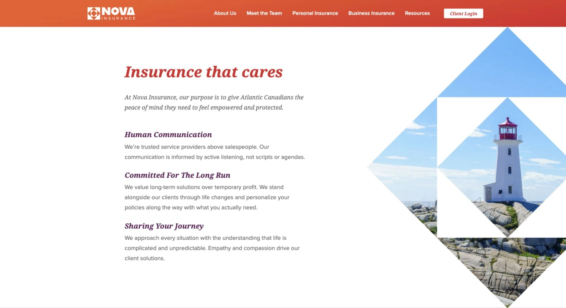 Nova Insurance — About us page on desktop