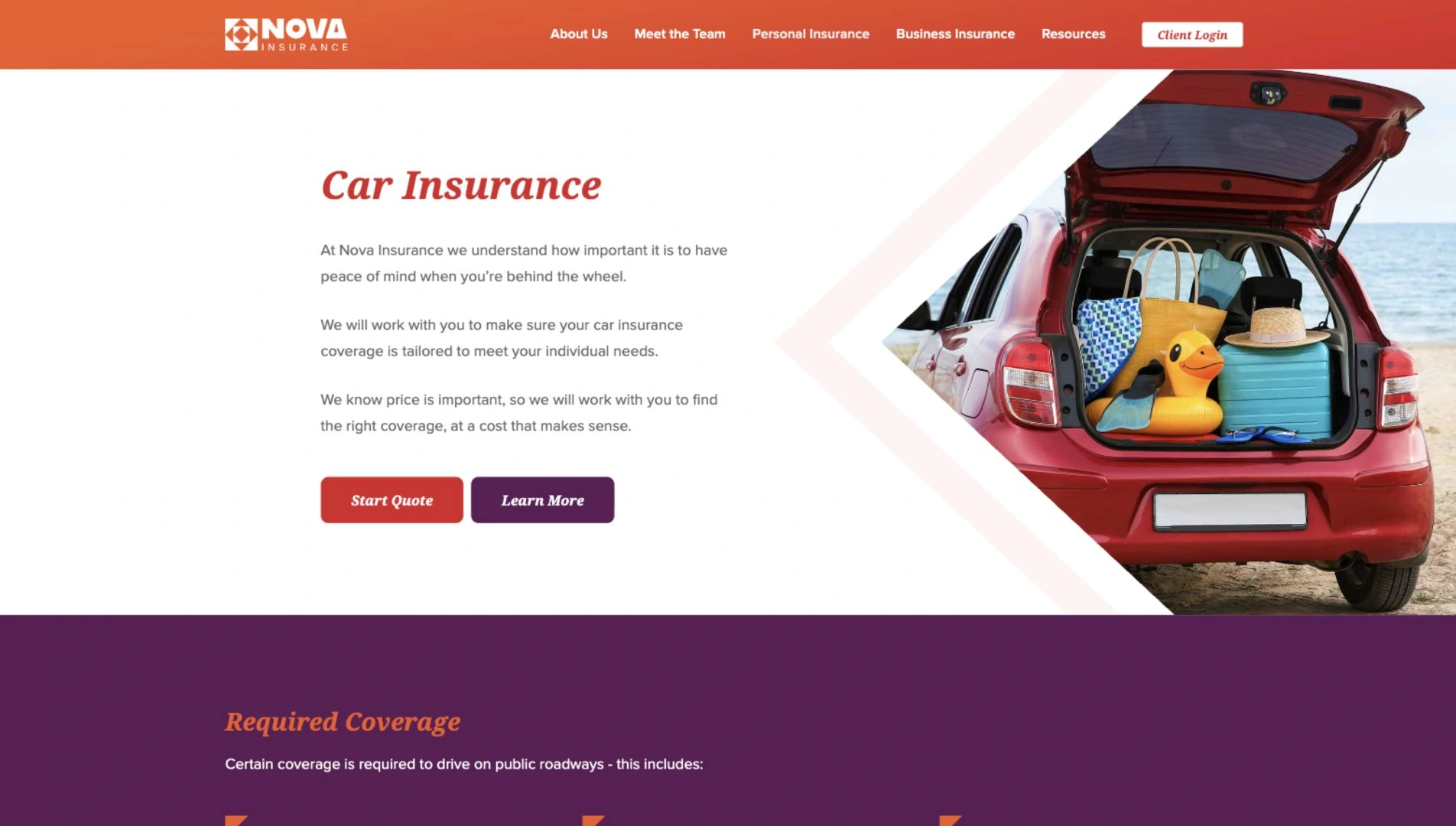 Nova Insurance — Car insurance page on desktop
