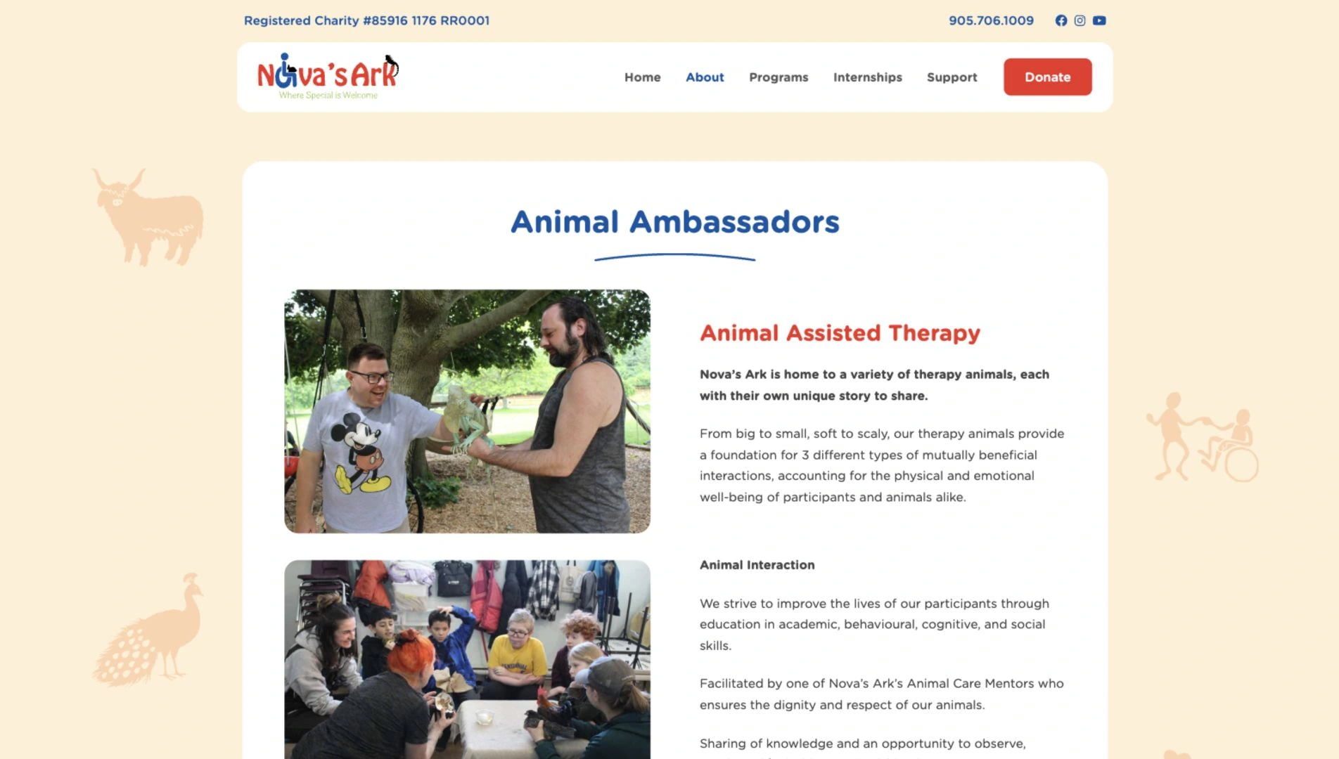 Nova’s Ark — Animal ambassadors page on desktop