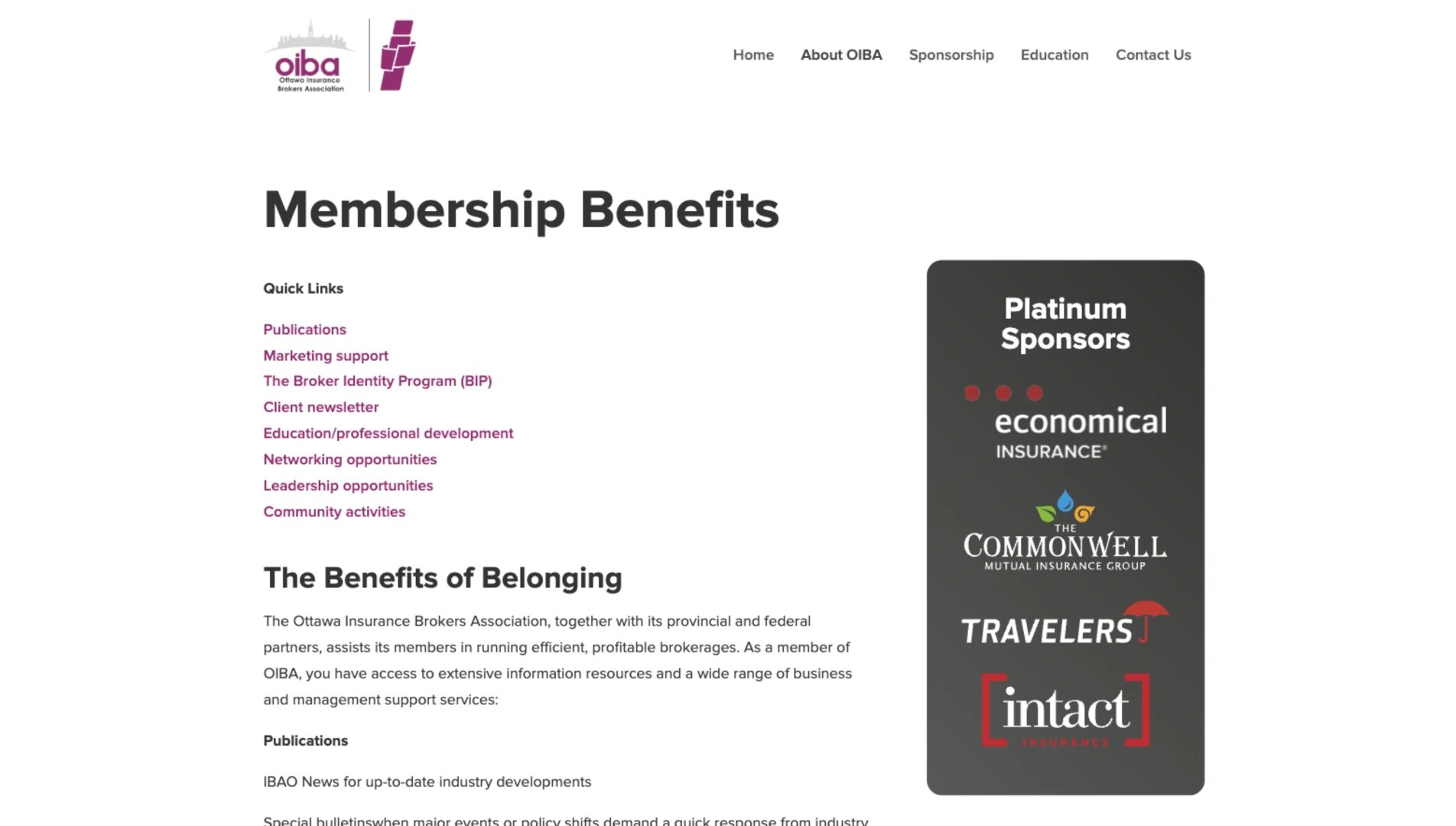 Ottawa Insurance Brokers Association — Membership benefits page on desktop