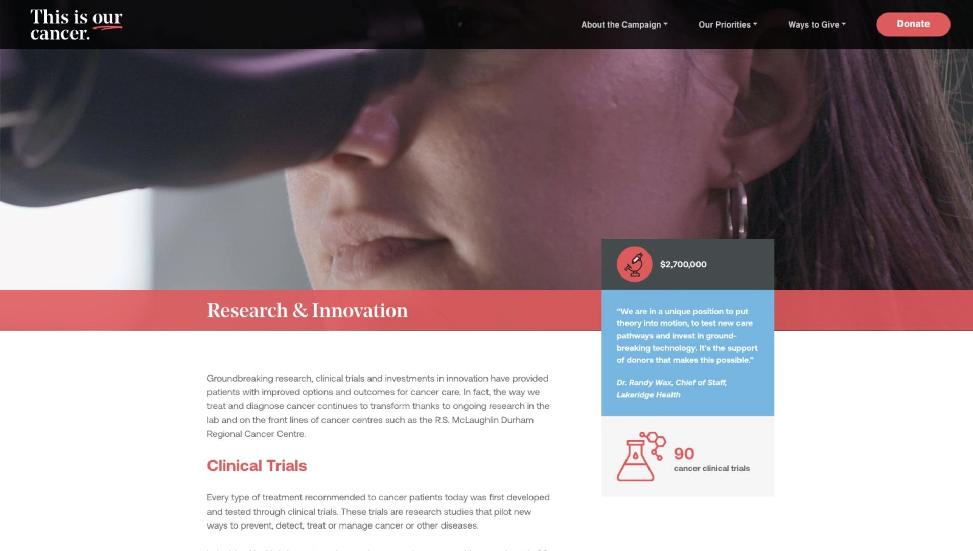 Our Cancer — Research & innovation page on desktop