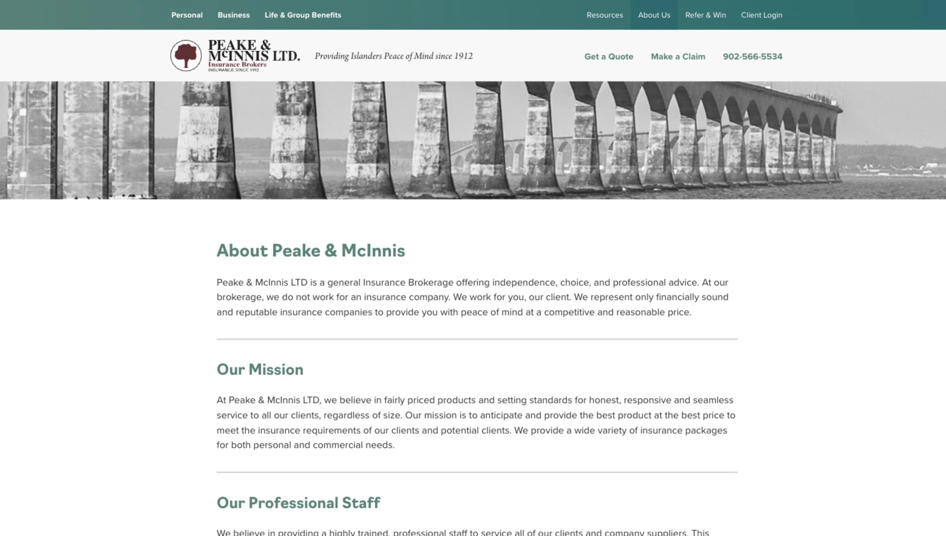 Peake & McInnis — About us page on desktop