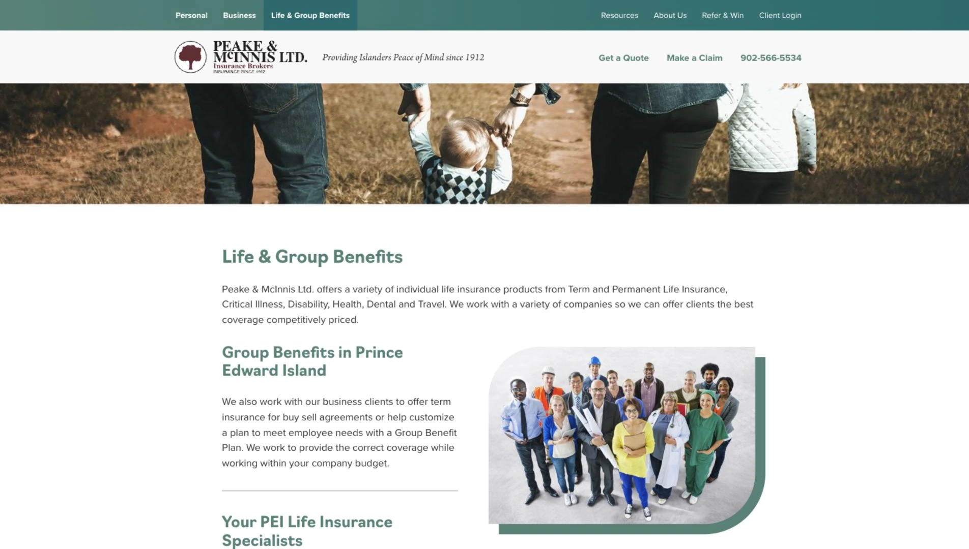 Peake & McInnis — Life & group benefits page on desktop
