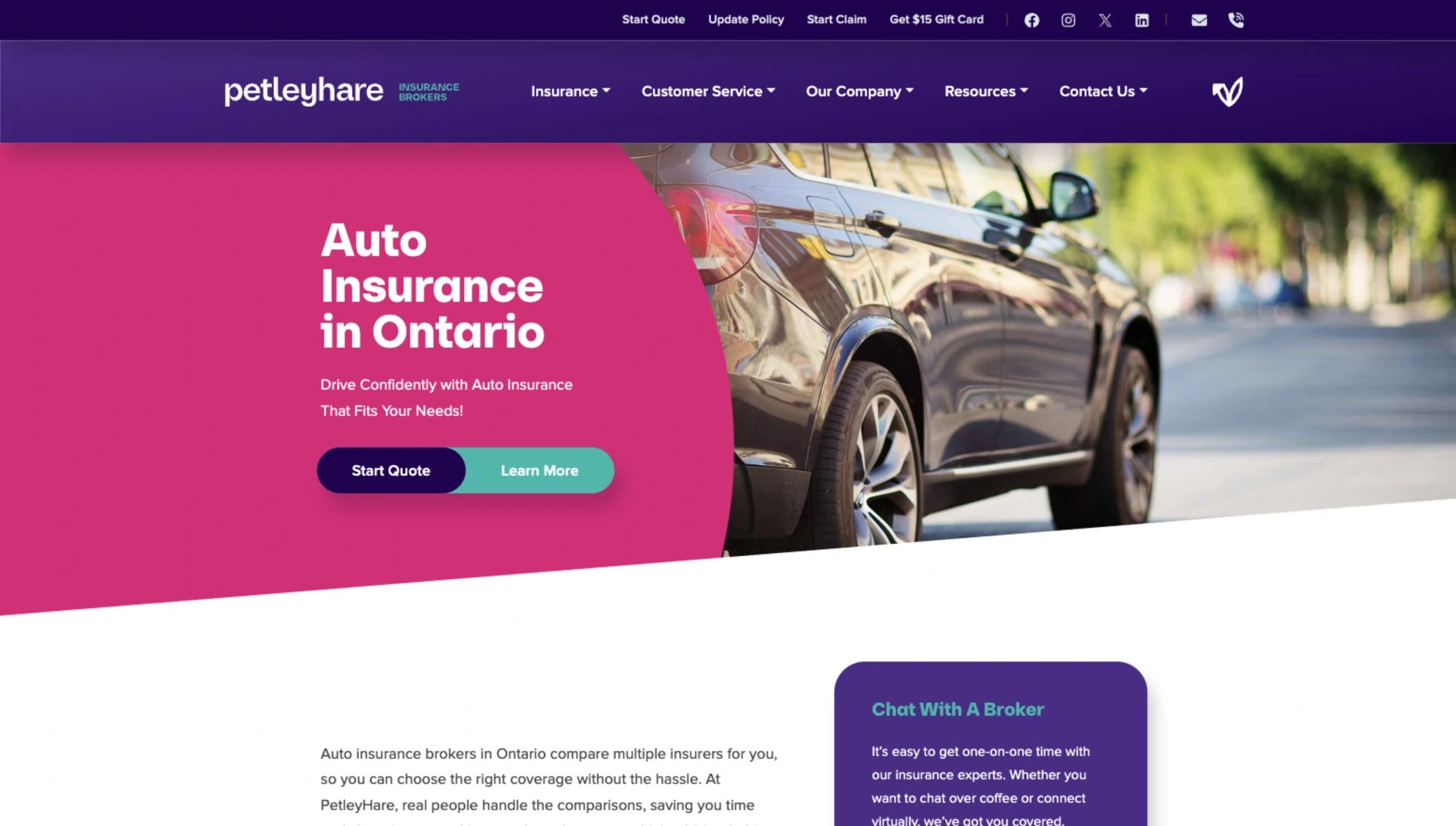 PetleyHare — Auto insurance page on desktop